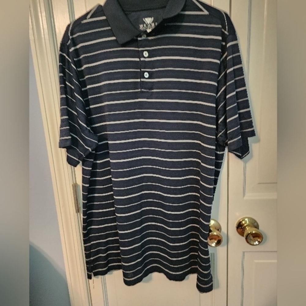 Navy Striped Pique Men's Collared Polo 3 top buttons. Large - Picture 6 of 10